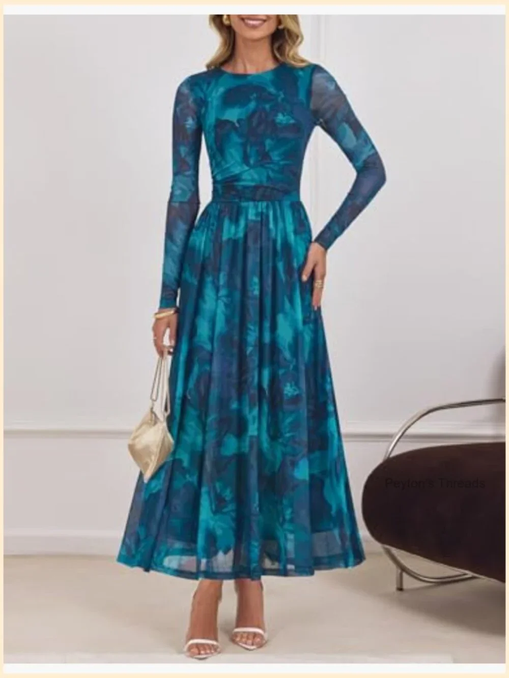 Long Sleeve Maxi Dress with Floral Print, Crewneck, Ruched Waist, Mesh - Picture 4 of 7